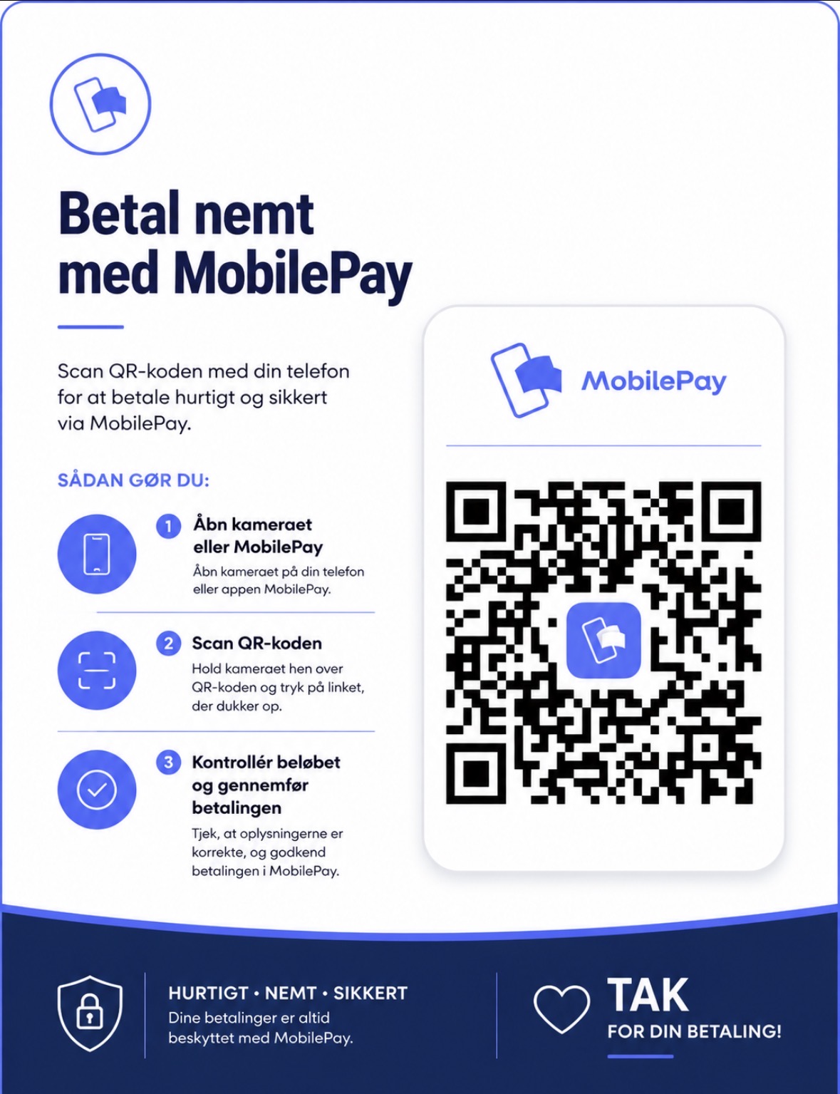 Betaling med MobilePay 📱
I kan sagtens betale med MobilePay efter jeres rengøring er udført. Det gør betalingen både nem, hurtig og sikker.
MobilePay-betalingen er aktiv allerede nu, mens resten af vores betalingsløsninger og informationer løbende bliver opdateret.
Tak for jeres tillid – og tak fordi I vælger os! 💙